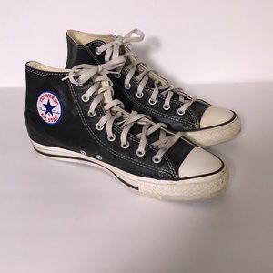 Black leather high top converse 9.5